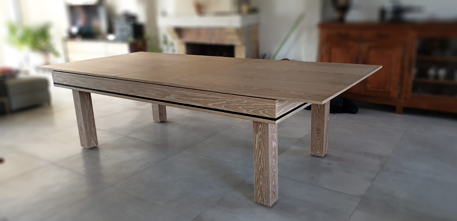 grande table avec allonge centrale transformable en billard chêne brossé avec liseré